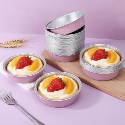Beasea Disposable Baking Pie Cups, 100 Pack 7.3oz 215ml Aluminum Foil Ramekins Only, 4" Mini Ramekin Cups No Lids Baking Tart Tin for Party Cupcake Cheesecake Pie - Pastel Pink