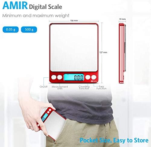 AMIR Upgraded Digital Kitchen Scale, 500g Mini Pocket Jewelry Scale, Cooking Food Scale with Back-Lit LCD Display, 2 Trays, 6 Units, Auto Off, Tare, Stainless Steel (Batteries Included)