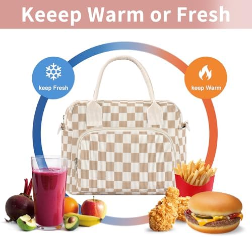 Lunch Bag Women Lunch Box for Women Adult Cute Insulated Lunch Bag Lager Cooler Lunch Tote Bags for Work Picnic (Beige-Brown Plaid)