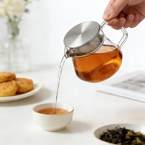 CNGLASS Small Glass Teapot with Stainless Steel Filter Lid,15oz(450ml) Glear Tea Kettle Stovetop Safe,Borosilicate Glass Tea Pots for Blooming and Loose Leaf Tea