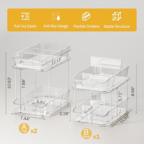 Delamu 2-Tier Under Sink Organizers and Storage, Multi-Purpose Stackable Bathroom Cabinet organizers, Pull Out Kitchen Pantry Organization and Storage with Dividers(3 Pack, Clear)