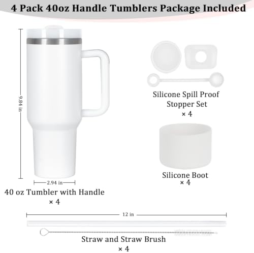 4 Pack 40 Oz Tumbler with Handle Bulk, Double Wall Vacuum Insulated Stainless Steel Tumbler with Lid and Straw, 40 oz cup with Silicone Spill Proof Stopper Set (White)