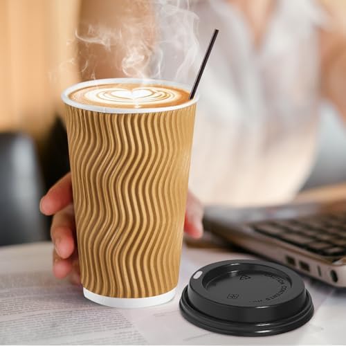 SIUQ 90 Pack 16 oz Disposable Coffee Cups with Lids and Straws - Champagne