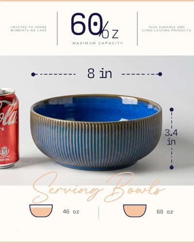 getstar Large Serving Bowls Ceramic Salad Bowl Set of 2, 8 Inch & 60 fl oz, Microwave and Dishwasher Safe, Farmhouse Kitchen Decorative Bowls Set, Embossed Stripes, Vintage Blue