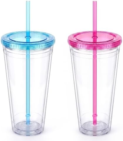 Zukro Clear Double Wall Plastic Tumbler with Lid and Straw 32 oz, 2 Pack