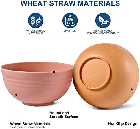 HOTEC 8-Pack 26oz Wheat Straw Cereal Plastic Bowls set, Multicolor