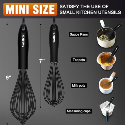 Walfos Silicone Whisk,7+9in Mini Whisk,BPA Free,Small Whisks for Non-Scratch,Heat Resistant (450°F) Nice for stirring individual eggs and mixing small amounts of powder and sauce.Dishwasher Safe.Black