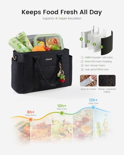 LOVEVOOK Insulated Lunch Bag Women, Puffer Adult Lunch Box for Women, Black