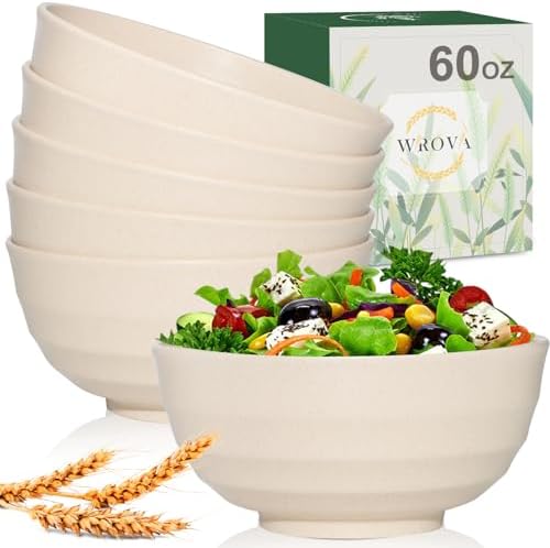 Wrova Wheat Straw Bowls Set 60 OZ, Unbreakable Large Beige Bowls Set of 6, Microwave & Dishwasher Safe Big Cereal Bowl for Picnic and Party BPA Free Salad Bowl for Serving Oatmeal and Popcorn (Beige)
