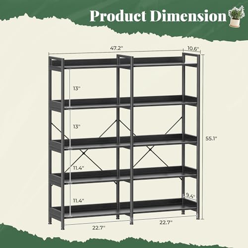 Huuger 5 Tier Bookshelf with 10 Open Shelves and Raised Baffle, Black