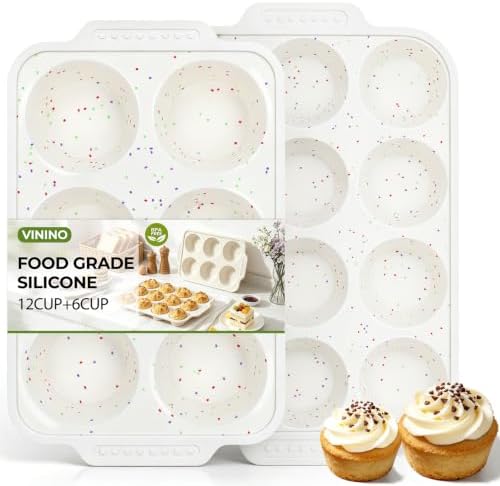 Vinino 12 Cup and 6 Cup Silicone Muffin Pans with Reinforced Frame, Cream