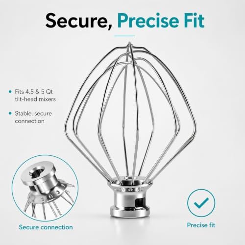 Wire Whip Attachment for 4.5-5 Qt Tilt-Head Stand Mixer, Stainless Steel 6-Wire Whisk Mixer Attachment, Replacement Part Compatible with KitchenAid