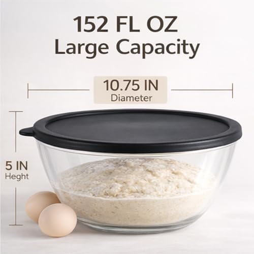 4.9 Quart Large Glass Mixing Bowl with Lid, Clear Glass Bowl for Bread Dough Mixing, Bread Making, Salad Serving, Food Prep & Storage