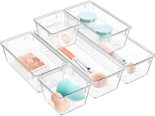 6 Pack Clear Drawer Organizer Set, Drawer Storage Trays, Storage Bins