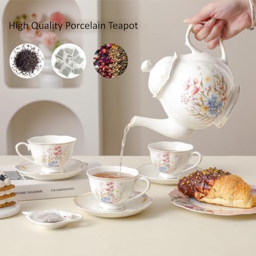 34oz Porcelain Floral Teapot, Classic Tea Gift with Gold Trim