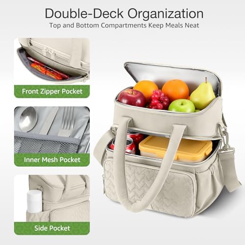 Double Deck Lunch Bag for Women, Beige-L