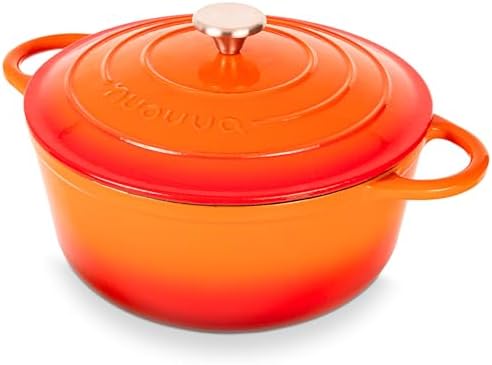 Nuovva Enamelled Cast Iron Dutch Oven Pot with Lid-6.4 Quart Non Stick Casserole Pot-Heavy Duty & Oven Safe up to 500° F for Bread Baking, Braising, Stews, Roasting - 28cm Orange