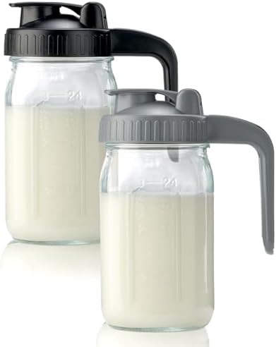 2 Pack 32oz Glass Pitcher with Lid & V-shaped Pour Spout - 1 Quart Breastmilk Pitcher Double Leak Proof, Creamer Container for Sun Tea, Juice, Cold Brew Coffee, Breastmilk Storage Container