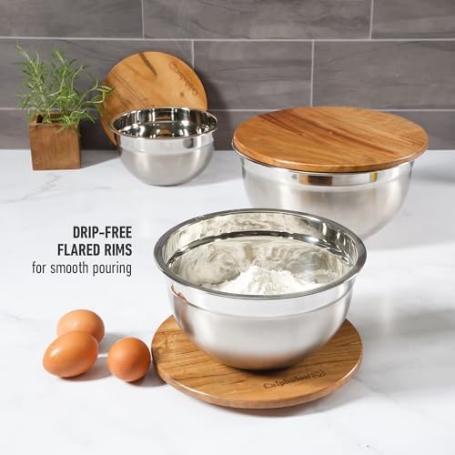 Calphalon Orbit Mixing Bowl Set, 3-Piece Stainless Steel Mixing Bowls(1.5 Qt, 3 Qt, 5 Qt) with Acacia Wood Lids & Non-Slip Base, Kitchen Prep Bowls for Mixing, Serving & Food Storage