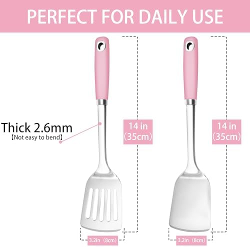 14-in Pink Spatula Set, 18/0 Stianless Steel Heavy Duty Turner & Slotted Spatula, Kitchen Cooking Utensils Set, High Heat Resistant, Grilling Frying Serving Food, Pack of 2
