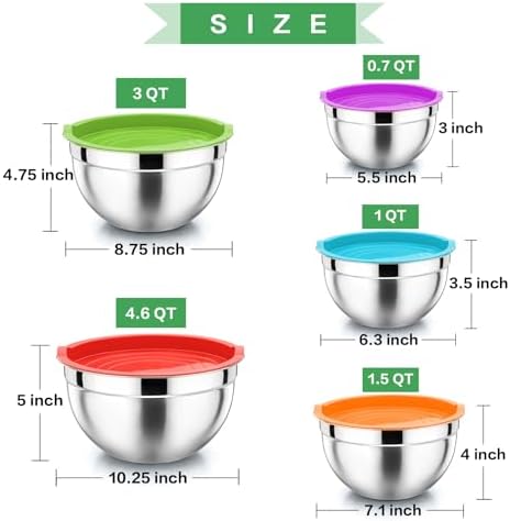 P&P CHEF Metal Mixing Bowls with Lids Set, Airtight Lids & Multicolor