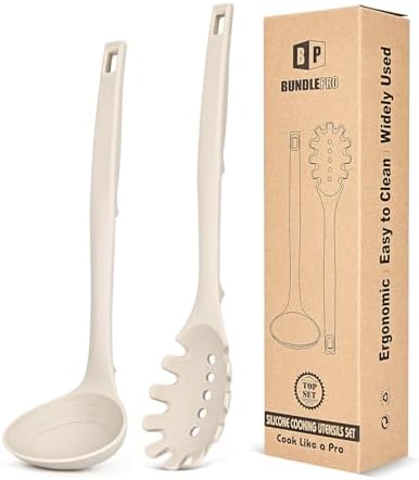 BUNDLEPRO Silicone Soup Ladle and Pasta Spoon Set, One-Piece, 2 Pack, Khaki