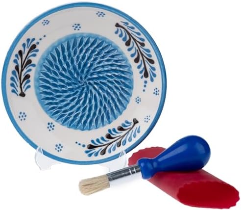 Ceramic Garlic Grater Plate - Handmade 4 Pcs Press - Natural Grinder - Decorative Mincer - Ginger, Cheese Grater - Hand Dish for Garlic (Blue)