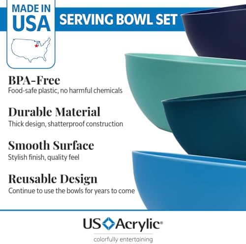 US Acrylic Vista Durable Plastic Salad and Serving 10-inch Bowls | Set of 4 in Coastal Colors | Reusable, BPA-free, Made in the USA | 135 oz. capacity (Pack of 2)