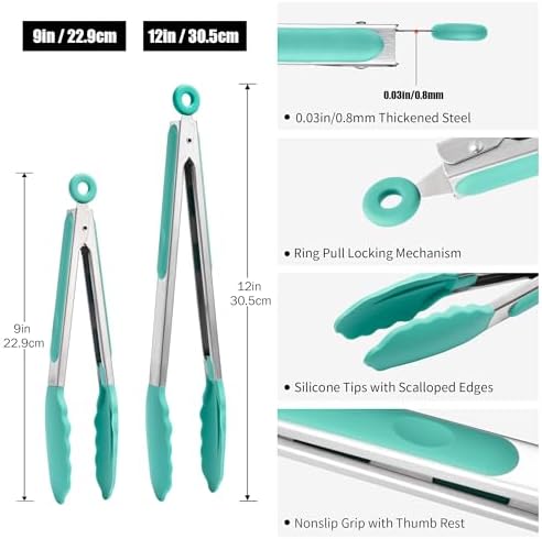 Doosu Kitchen Tongs with Silicone Tips for Cooking Serving (9+12in, Aqua)