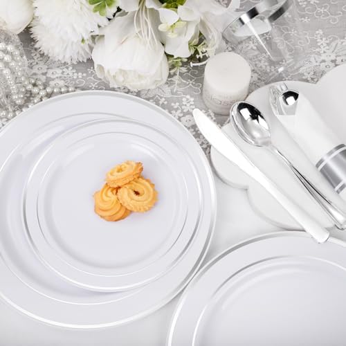 WELLIFE 210 Piece Silver Plastic Dinnerware Set for 30 Guests, Include: 30 Dinner Plates, 30 Dessert Plates, 30 Pre Rolled Napkins with Silverware and 30 Silver Cups