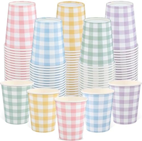 NatNarr 100 Pack Gingham Paper Cups, 9oz Pastel Cups Picnic Paper Cups