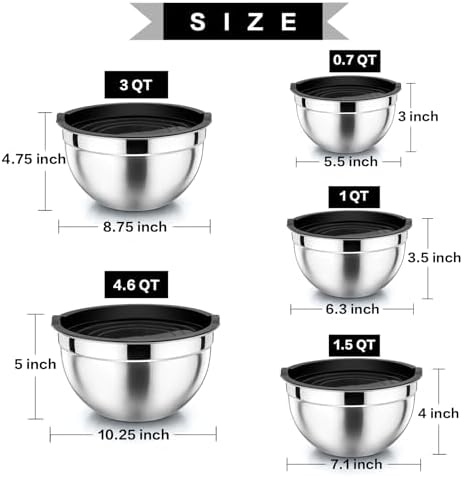 P&P CHEF Metal Mixing Bowls with Lids Set, Airtight Lids & Black