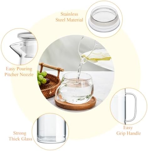 Hsei 2 Sets Glass Pitcher with Lid Water Carafe, Glass Lid, 1.5L