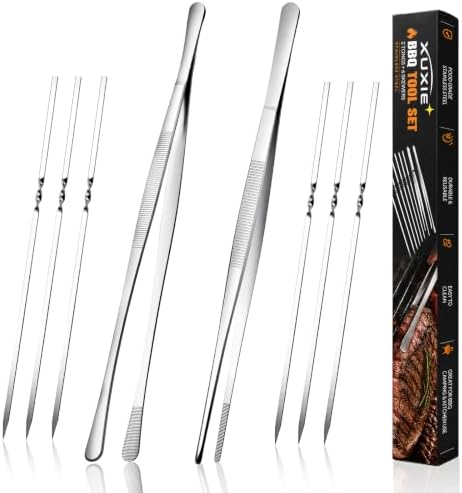 2 Pcs Cooking Tweezers, 12" Kitchen Tweezers Tongs with 6 Pcs BBQ Skewers
