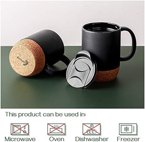 DOWAN Coffee Mugs Set of 2, 15 OZ Coffee Cup with Cork Bottom and Splash Proof Lid, Ceramic Mug Set with Large Handle for Men, Women, for Coffee Tea Latte, Matte Black