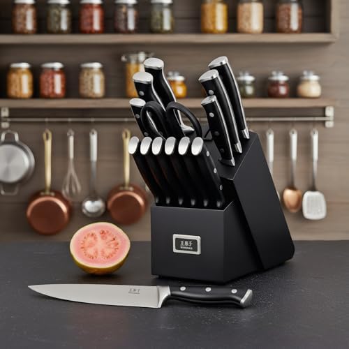WANGMAZI 15-Pcs Knife Set, High Carbon Steel Ultra Sharp, Black Pro