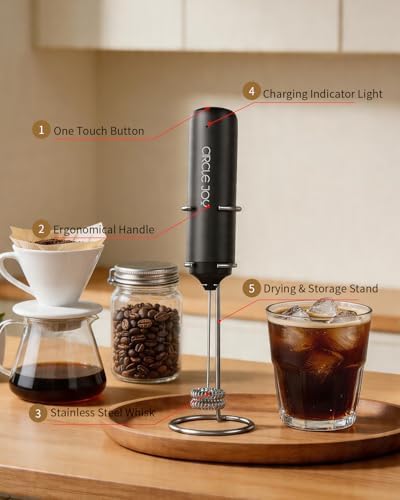 CIRCLE JOY Rechargeable Milk Frother Handheld with Stand, Dual Coil Whisk Head Electric Coffee Frother, Portable Hand Frother Wand Drink Mixer for Matcha Lattes Cappuccino, Kitchen Gifts, Black