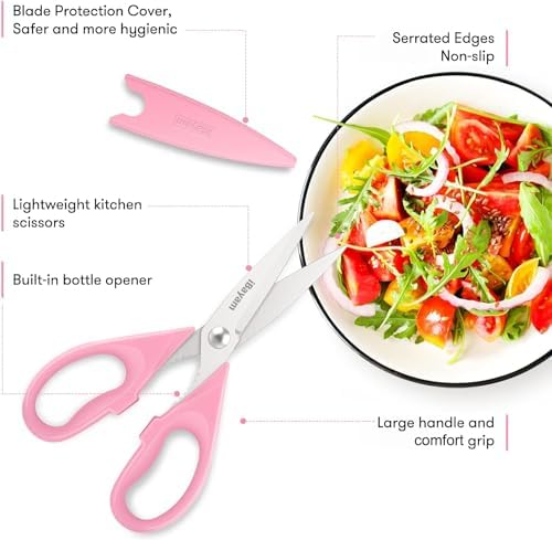 iBayam Pink Kitchen Scissors All Purpose Heavy Duty & Comfort Grip & Cover