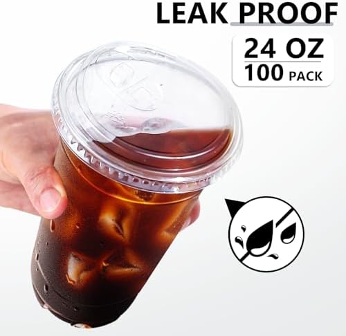 BYSNOW 100 Pack 24 oz Clear Plastic Cups with Sip Lids, Iced Coffee Cups