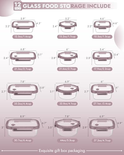 12-Pack Glass Containers with Tempered Lids – Borosilicate, Oven-Safe(-4°F~950°F), Airtight, BPA-Free, Multi-Size for Meal Prep, Dishwasher Safe, 1.6 cups to 6.4 cups (Pink)
