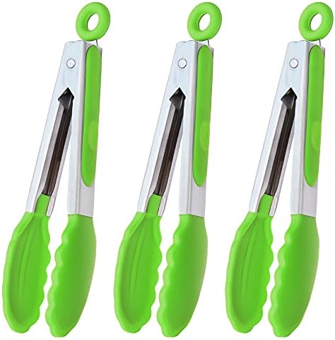 HINMAY Mini Tongs with Silicone Tips 7" Cooking Tongs, Set of 3 (Green)