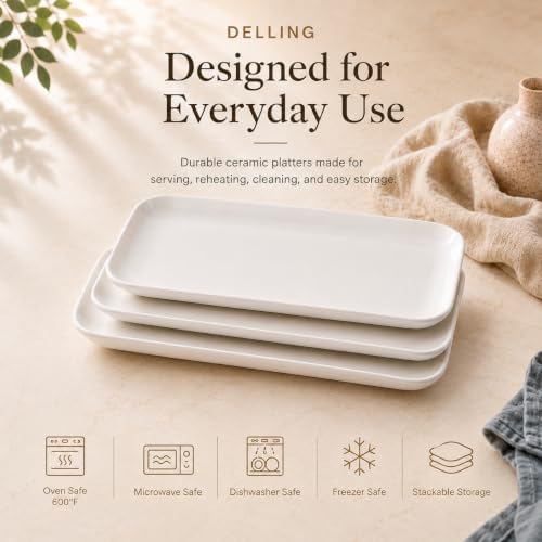 DELLING 12 Inch Serving Platter Set of 3, White Rectangular Serving Plates, Porcelain Serving Trays for Party Entertaining, Large Platters for Meat Sushi Appetizer, Oven Microwave Dishwasher Safe