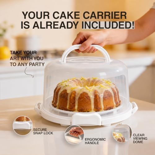 10in Buntz Cake Pan Non Stick & 12in Cake Carrier with Lid-Handle, White