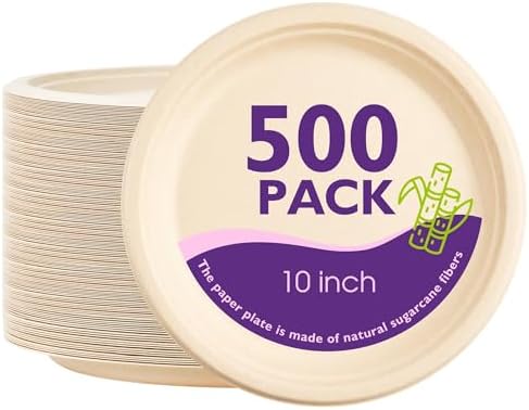 10 Inch, 500 Pack Compostable Paper Plates Round Unbleached Brown Plates Made from Natural Sugarcane Fibers, Biodegradable Heavy Duty Disposable Plates for Party, Camping, Picnic
