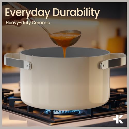 Bakken 12.5 Quart Ceramic Coated Stock Pot with Lid, Easy Clean Nonstick Pot, Tempered Glass Lid, Riveted Stainless Steel Handles, Oven Safe Up To 500°F, PTFE & PFAS Free, All Stove Compatible, Cream