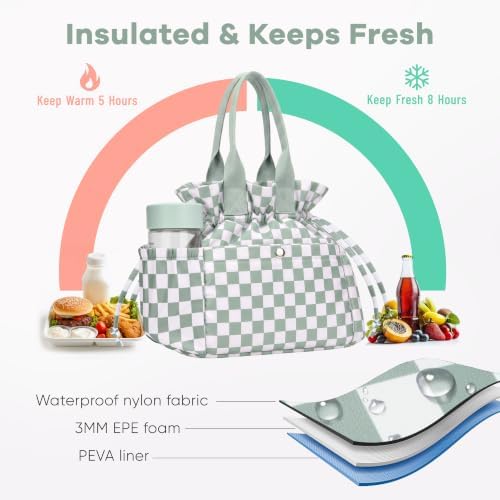 Yarnic Lunch Bag Women Lunch Box with Water Bottle Holder (Green Checkered)