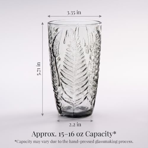 Clear Drinking Glasses Set of 4, 16 oz Glass Cups, Vintage Fern Glassware
