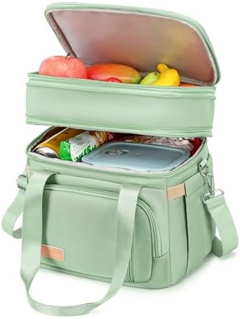 MAPLELILY Lunch Box for Men Women - Double Deck Insulated Lunch Bag, Large Leak Proof Tote Cooler, Wide Open Dual Compartment Lunch Bags with Shoulder Strap, For Work Picnic Hiking Beach, Green