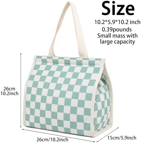 Insulated Lunch Bag for Work, 10.2"x5.9"x10.2" Oxford Waterproof Lunch Tote, Thermal Lunch Box for Office, Picnic & Outdoor, Striped Canvas Tote Bag -Check Green