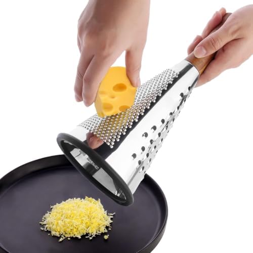 Cone Cheese Grater with Handle - Stainless Steel Triple Function Wood Handle Parmesan Shaver Non-Slip Rubber Bottom Hand Held Multifunction Vegetables Cheese Grater with container(XL:11.8" X 5.1")